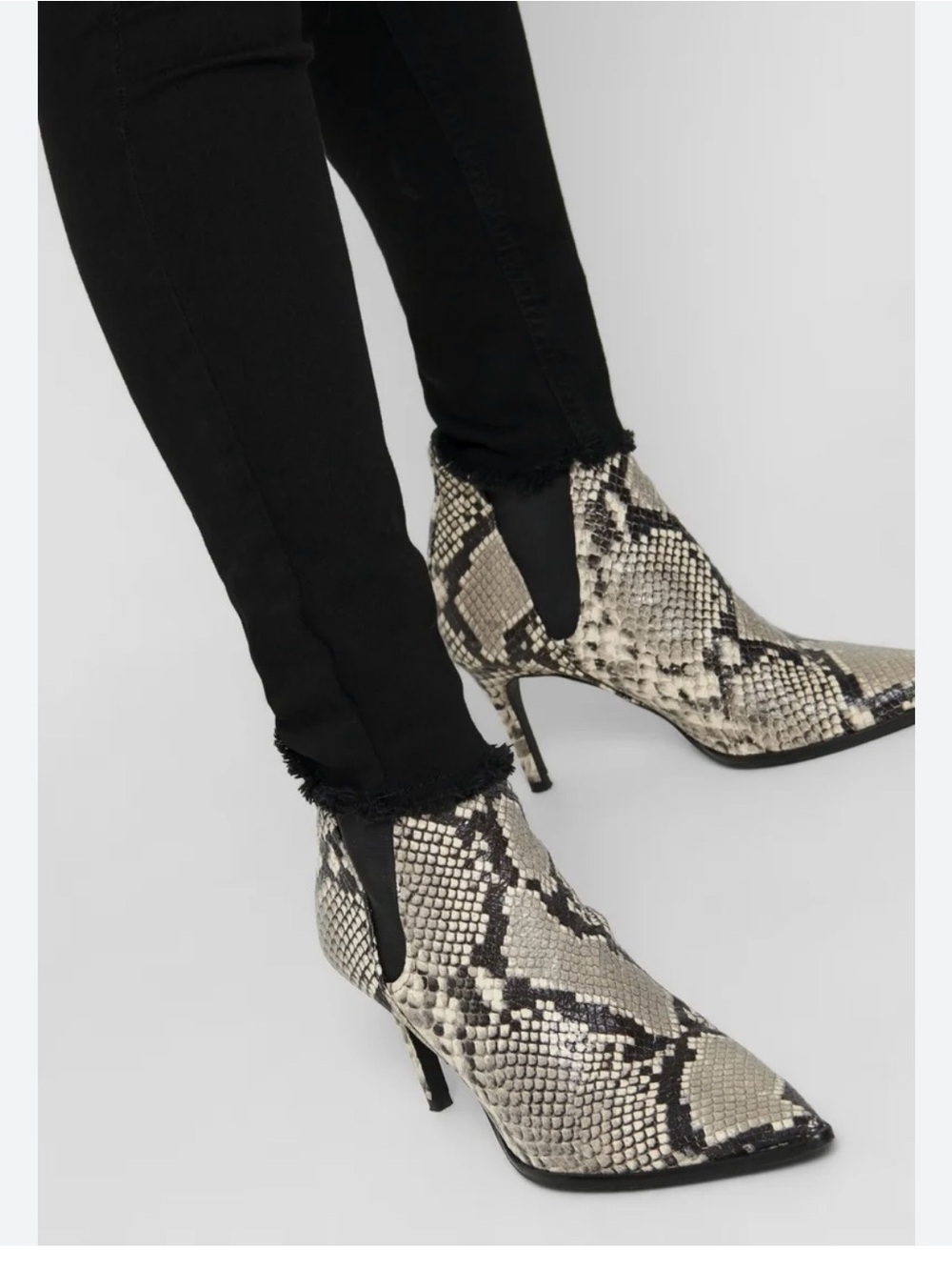 Zara Snake-Print Pointed Toe Stiletto Ankle Boots - Beige/Black